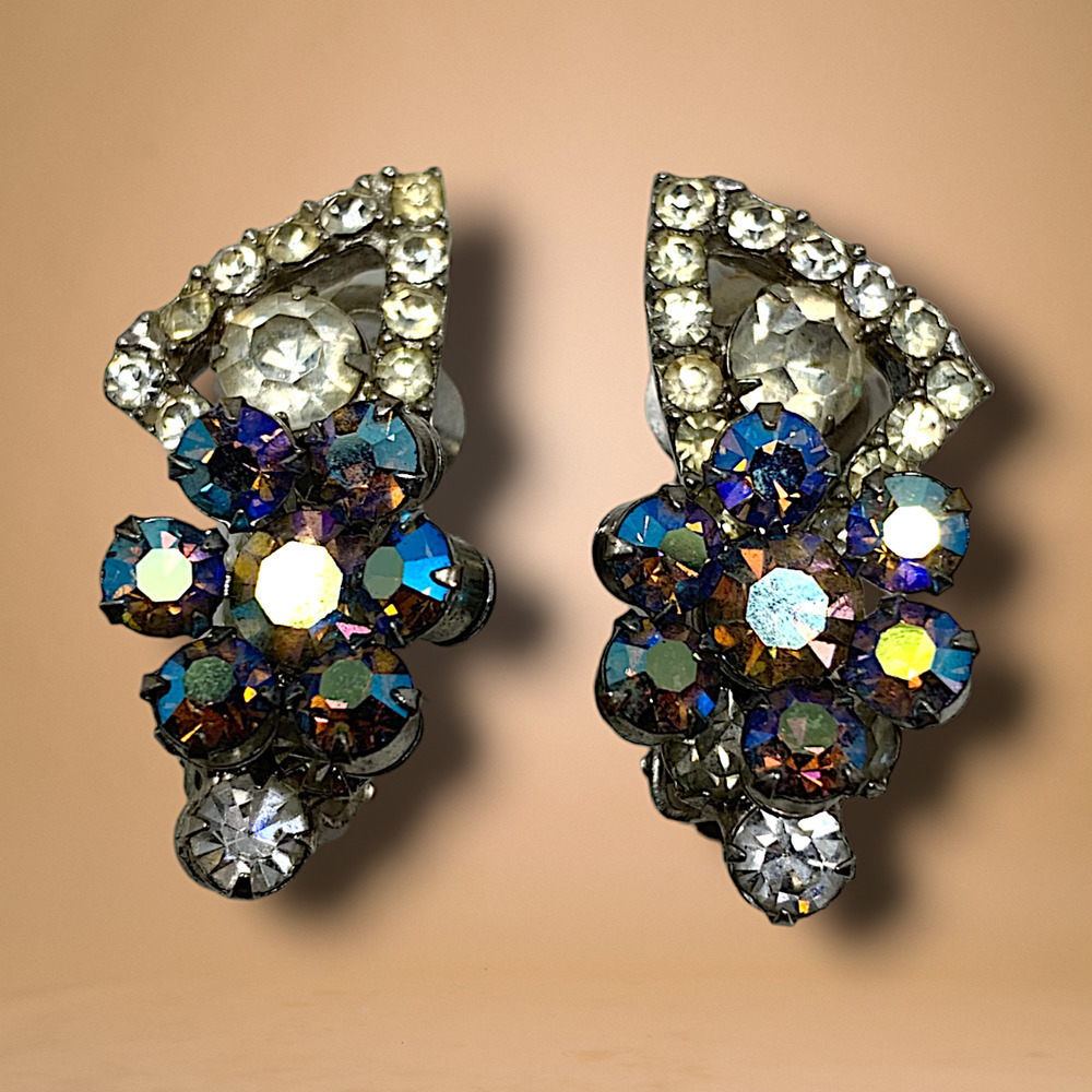 Vintage 1960's Aurora Borealis Crystal Cluster Earrings Clip On Runway Couture